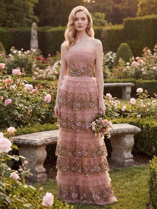 Marchesa Notte Dresses & Skirts - Tiered Nude Tulle Gown with Floral Embroidery